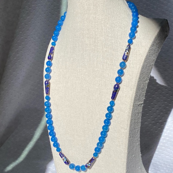 14k Gold Blue Cloisonné & Jadeite Jade Bead Necklace 24" - Picture 1 of 15